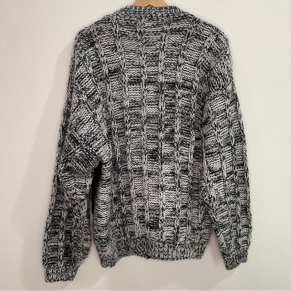 Vintage 80s Street Scenes Chunky Knit Leather Patches Cardigan - Black & White - Picture 2 of 15